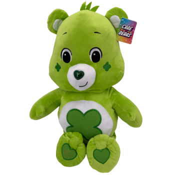 Grünes Glücksbärchen Plüschtier mit Kleeblatt-Bauchmotiv, ca. 44 cm sitzend (ca. 60 cm Gesamtlänge inkl. Beine).